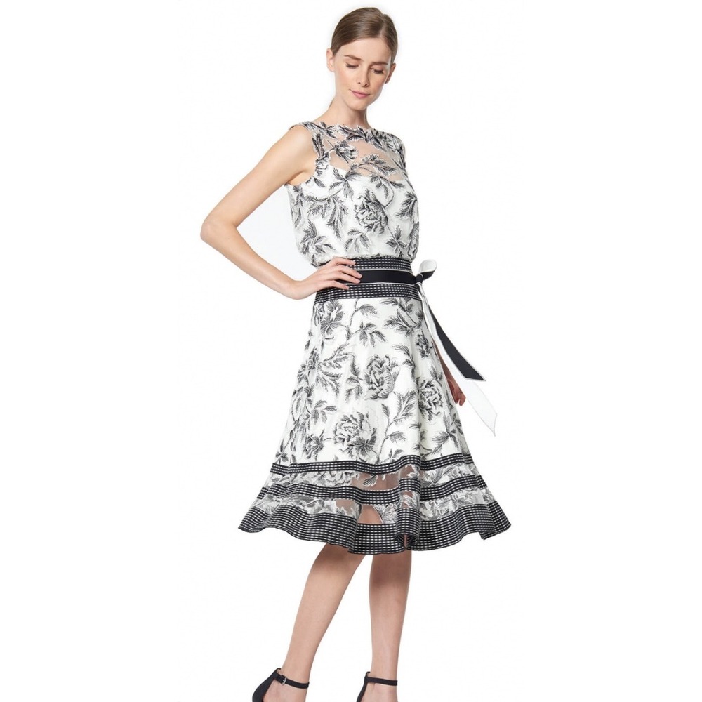 Tadashi Shoji Black White Floral Lace Sheer Neck Midi‎ Dress Size 8